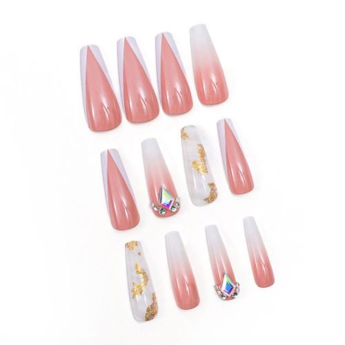 A set of 24 handmade press-on coffin nails in a mix of light red, white, and gold glitter with diamonds affixed.