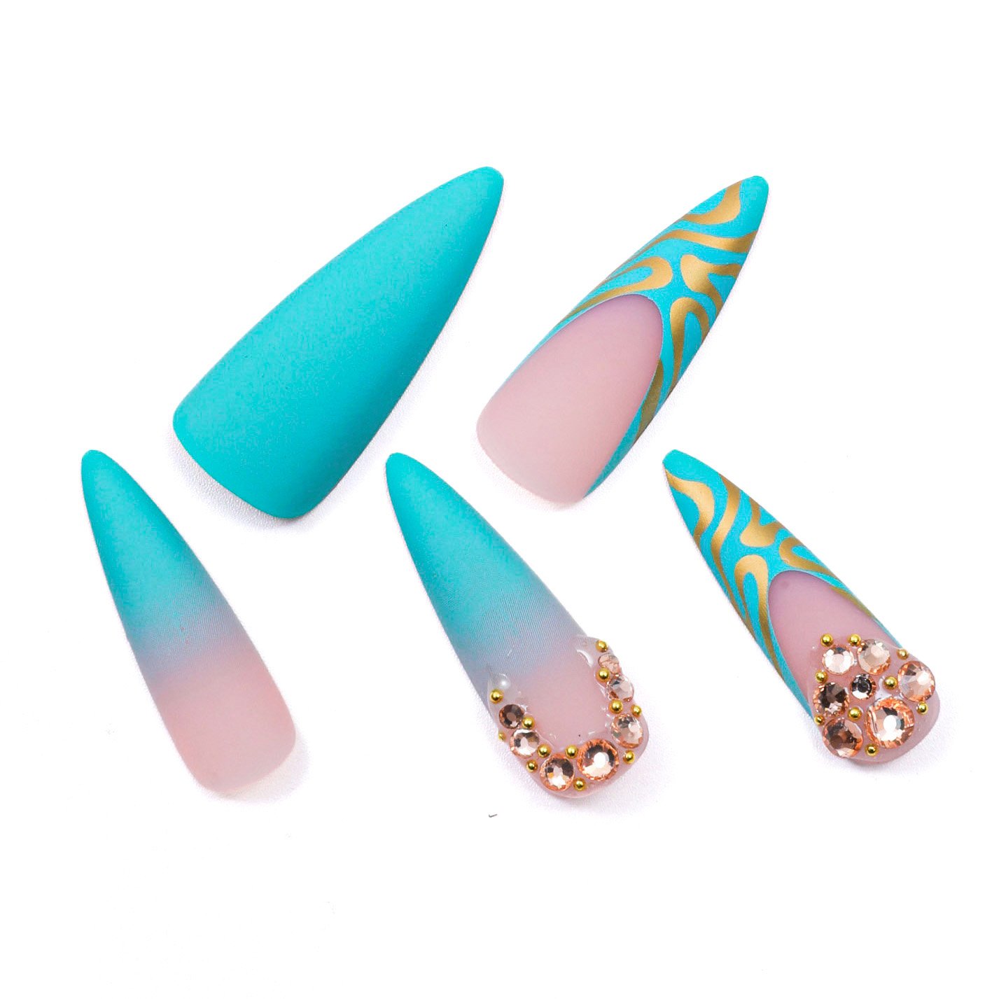 Close-up of five pieces from a 24-piece set of handmade robin egg blue mixed with pink stiletto press-on nails, with golden ribbon nail art design and diamonds affixed.