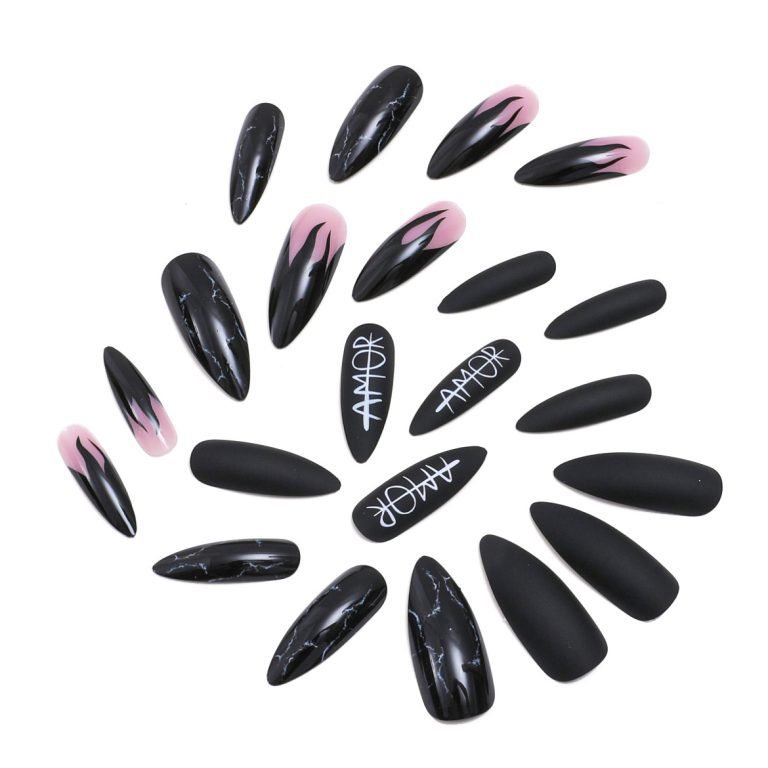 24-Piece Stiletto Press On Nails in Black and Light Pink with Letters and Fire Nail Art