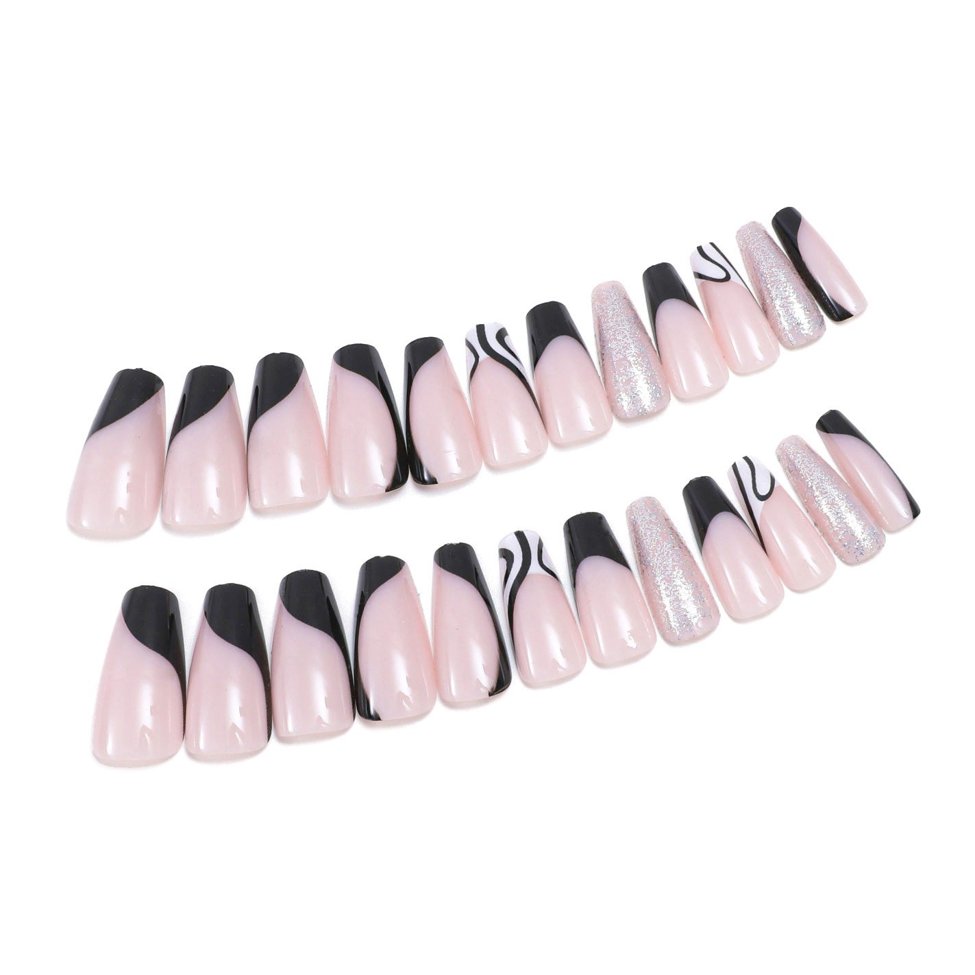 24-Piece Coffin Press On Nails in Light Pink, Black and White with French Tip Design