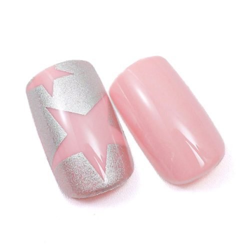 Close-up of two pieces from a 24-piece set of light pink chrome press-on nails with star nail art.