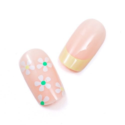 Detailed view of two pieces from a 24-piece set of light pink press-on nails infused with golden and green accents, showcasing nail art and French tips.