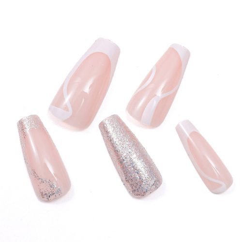 Detailed view of five pieces from a 24-piece set of light pink, white, and silver glitter design coffin press-on nails with a French tip.