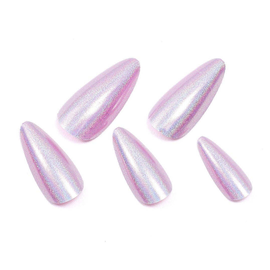 Close-up of five pieces from a set of almond-shaped, light purple chrome press-on nails.