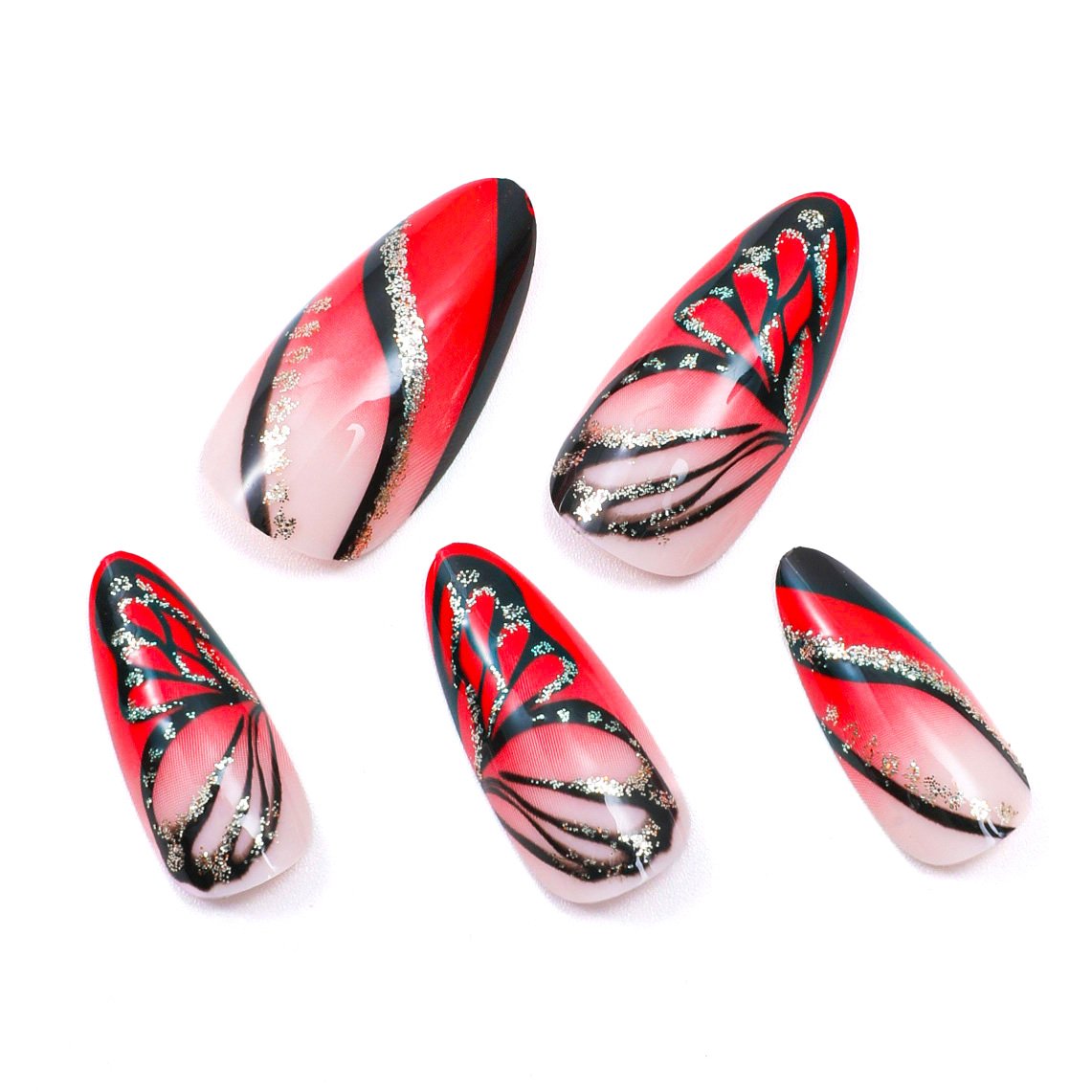 Close-up of five pieces from a set of almond-shaped, ombre red and black press-on nails with butterfly design.