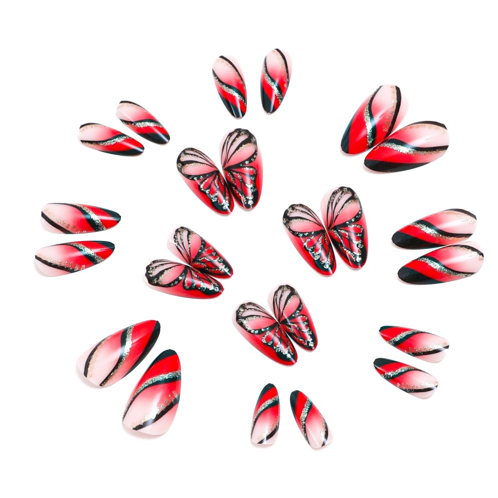 24-Piece Almond Shaped Ombre Red and Black Butterfly Art Press On Nails Set