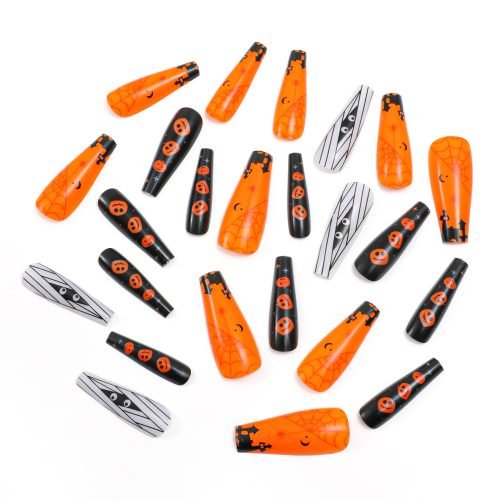 24-Piece Halloween Coffin Press On Nails with Orange, Black, and White Design