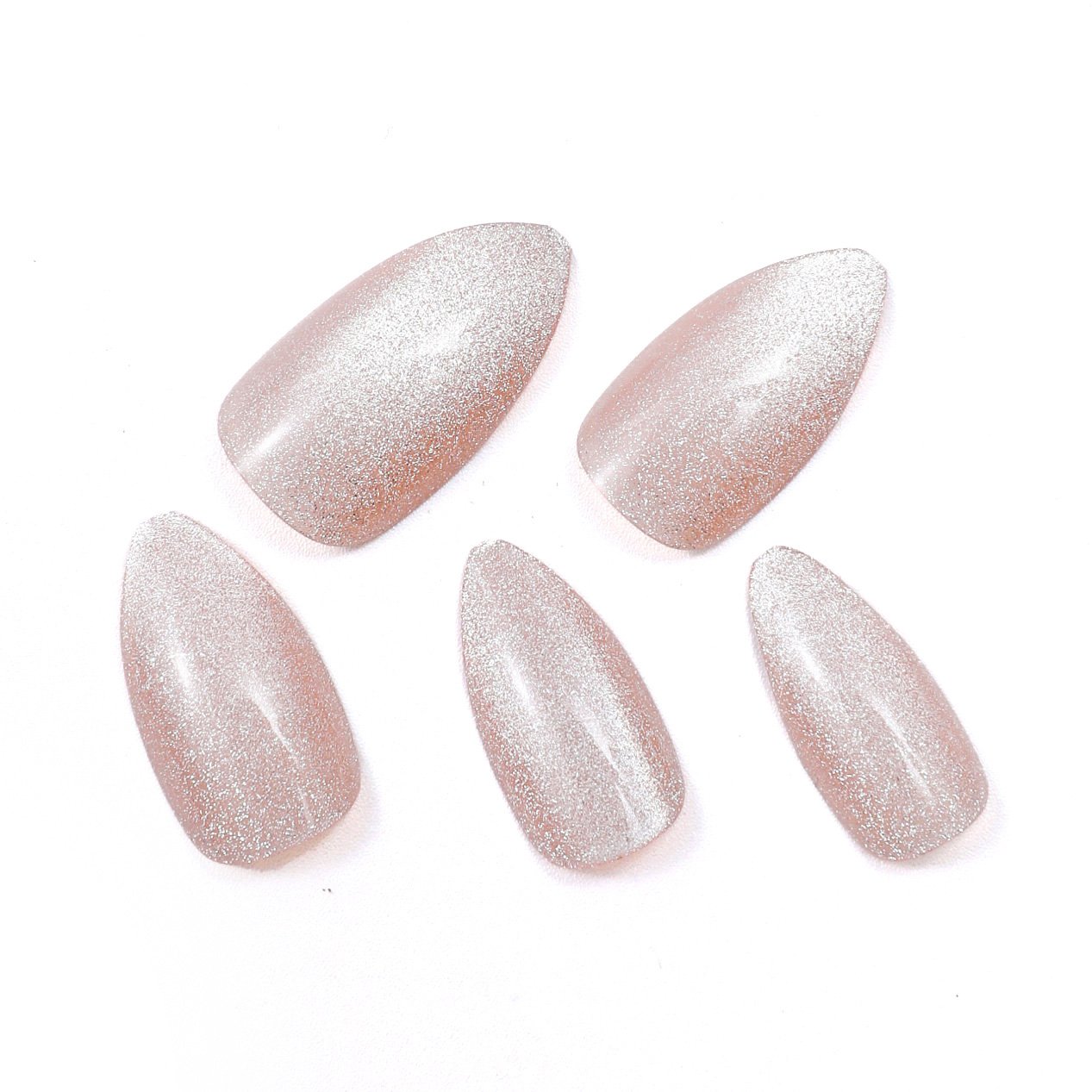 Close-up of five pieces from a set of almond-shaped, pink glitter press-on nails.