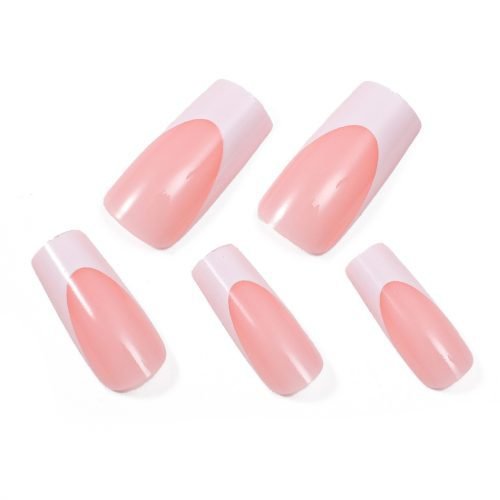 Close-Up View of 5 Pink Press-On Nails with White French Tips - Square Nails