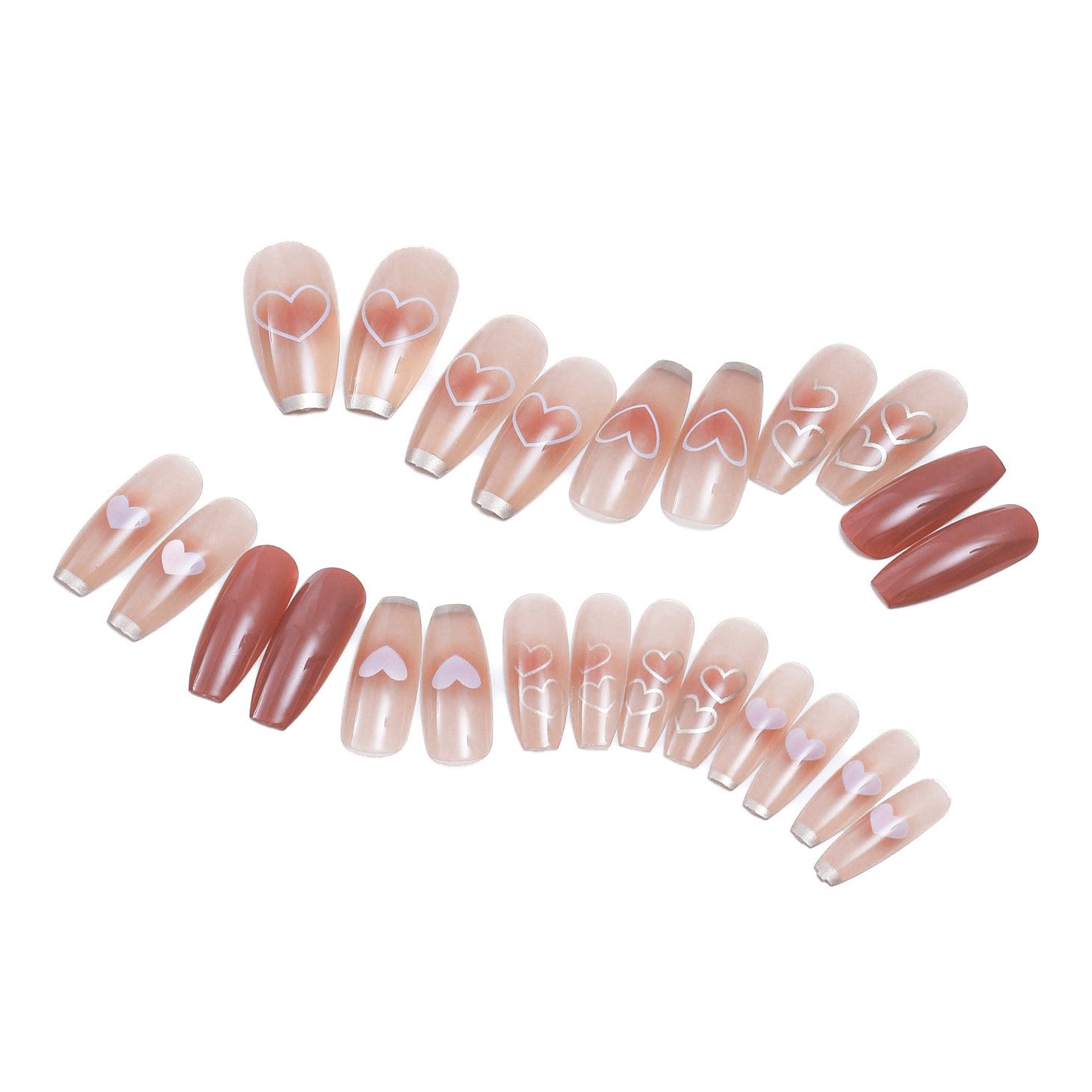 24-piece Wine Red and Light Pink Coffin Press On Nails with Love Heart Painting