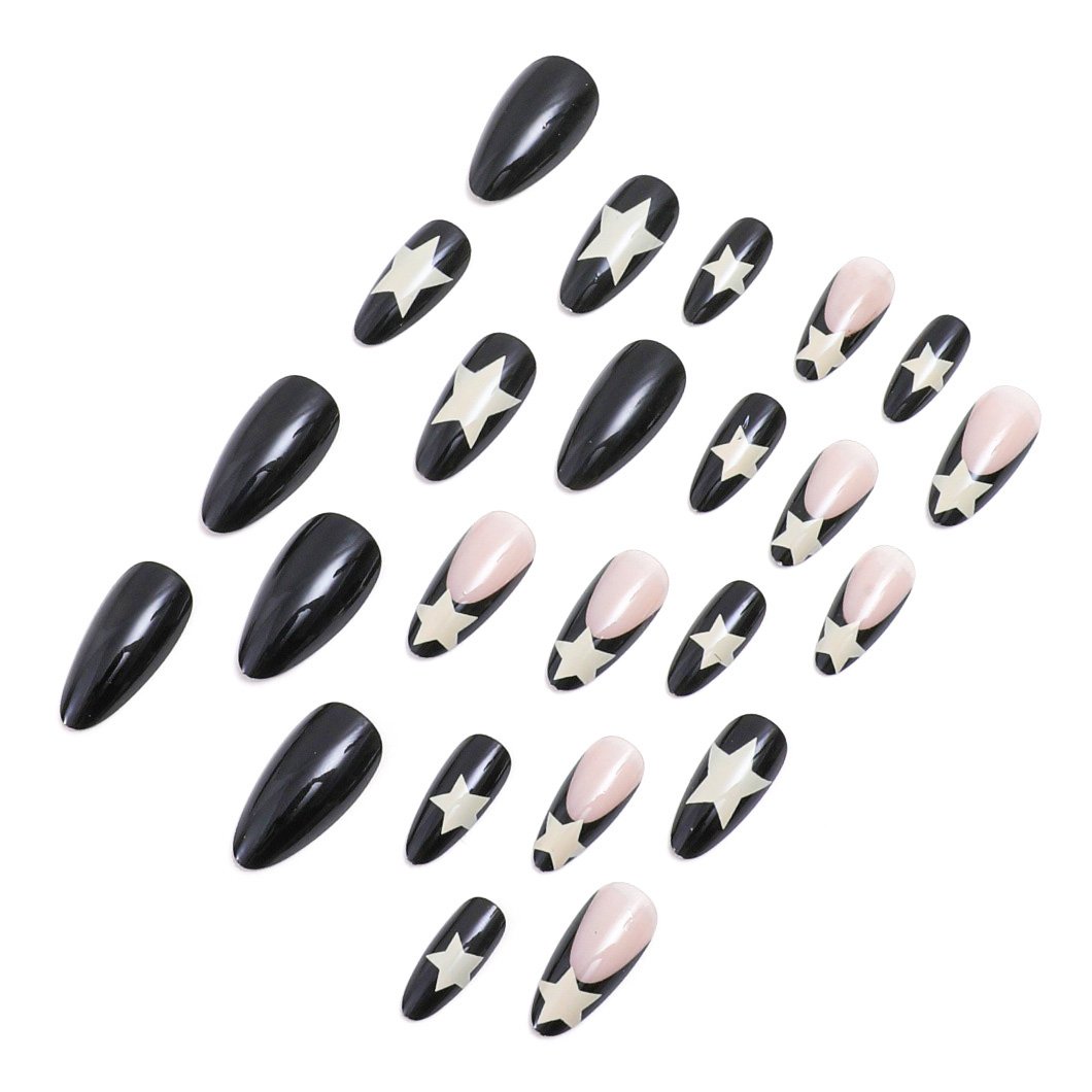 24-Piece Set of Almond Press On Nails in Black and Light Pink with Star Paintings and French Tips