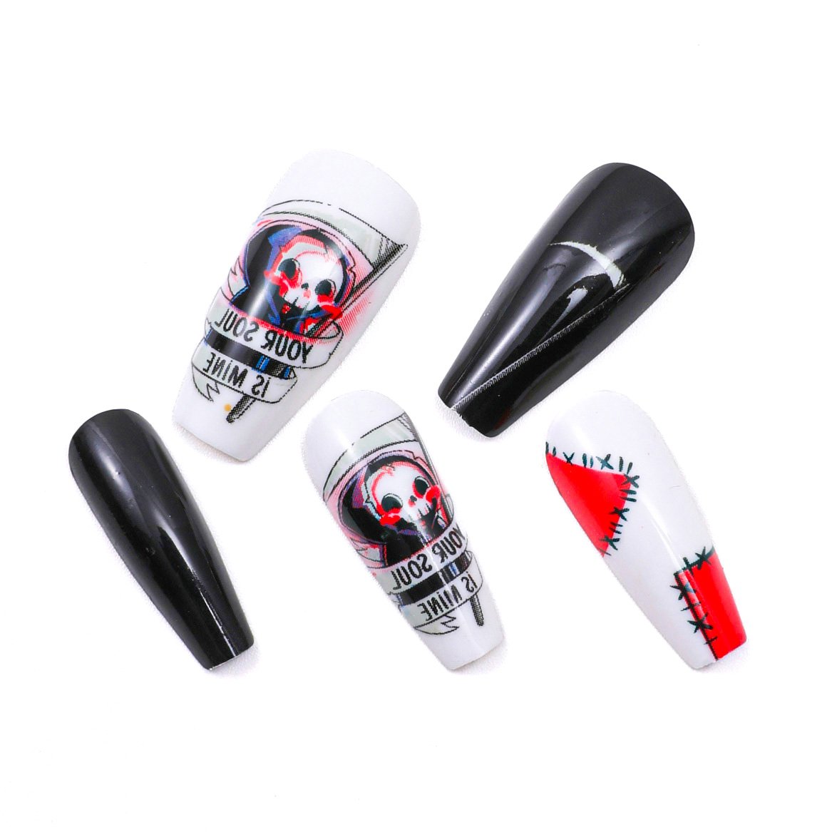 Close-up of five pieces from a 24-piece set of coffin press-on nails, featuring a mixed design of solid black, grim reaper art, and red and white sewing nail art.