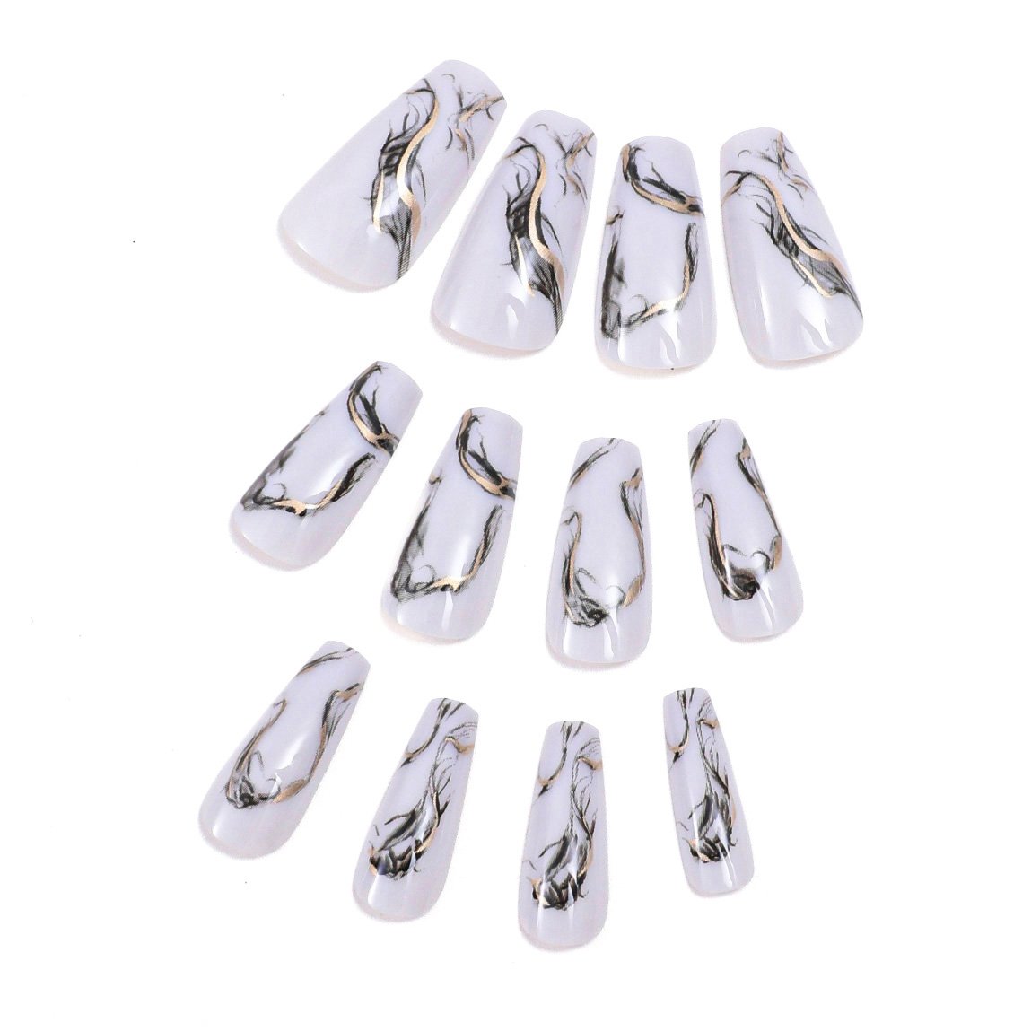 24-Piece White Marble Coffin Press On Nails with Golden Thread Accents