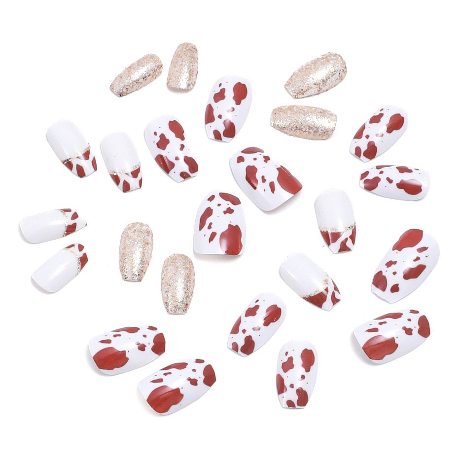 24-Piece Square Press On Nails in White with Golden and Wine Red Cow Pattern