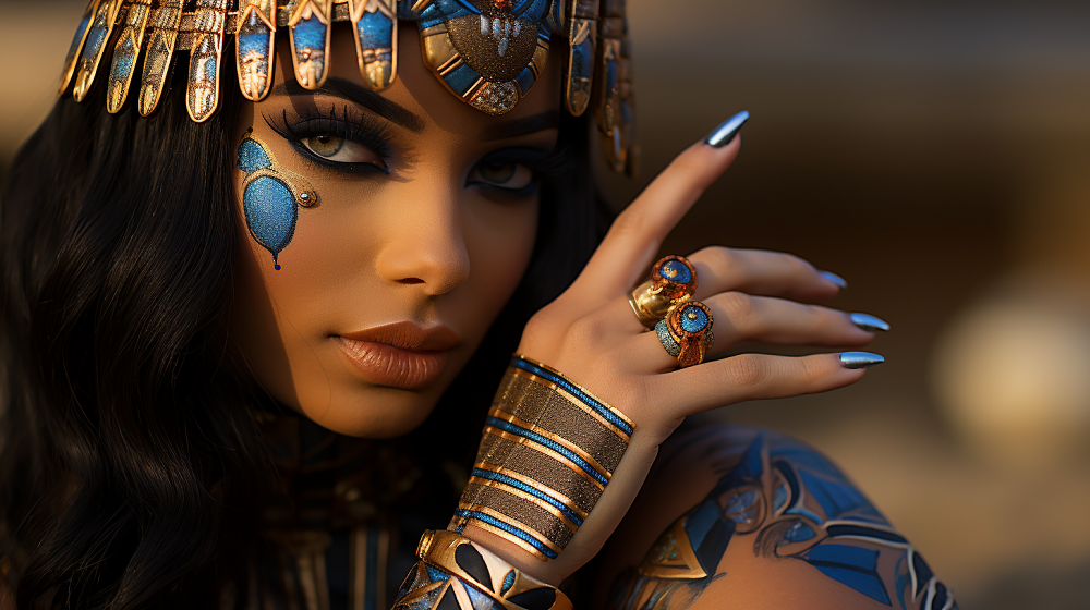 Cleopatra portrait with detailed nail art designs