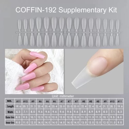 Supplementary coffin shape matte acrylic nails from kit YS 192 on hand.