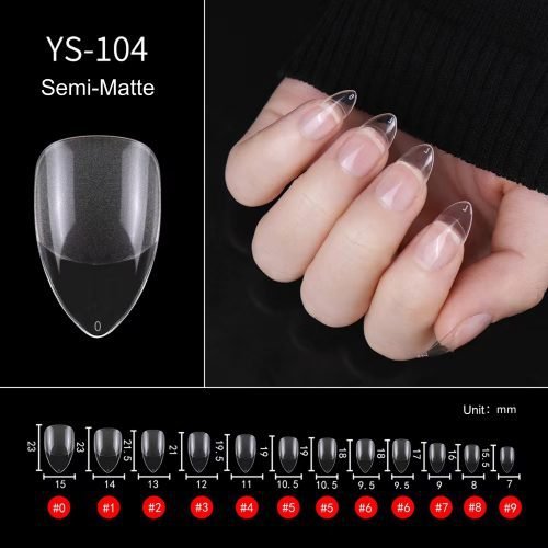 Hand wearing semi-matte acrylic nails from set YS-104 alongside an overhead view of individual nail sizes.