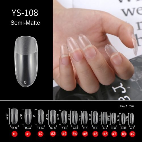 Hand wearing semi-matte acrylic nails from set YS-108 alongside an overhead view of individual nail sizes.