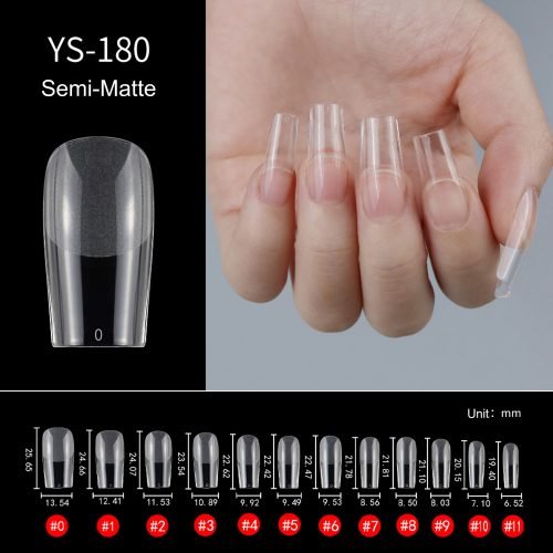 Hand wearing semi-matte acrylic nails from set YS-180 alongside an overhead view of individual nail sizes.