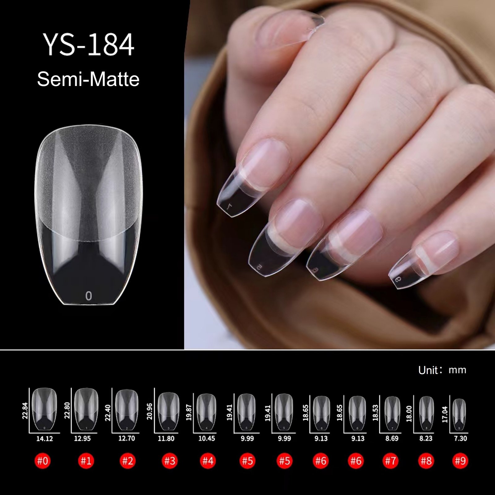 Hand wearing semi-matte acrylic nails from set YS-184 alongside an overhead view of individual nail sizes.