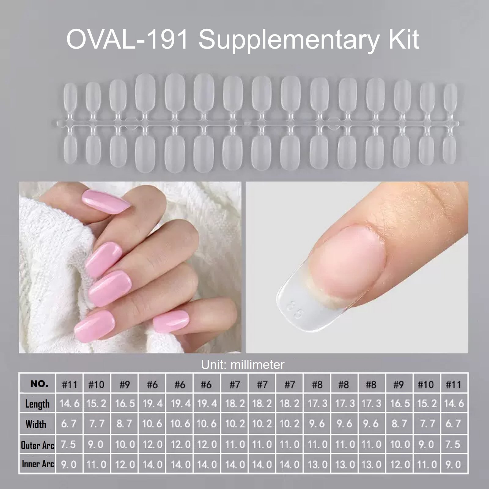 Supplementary oval shape matte acrylic nails from kit YS 191 on hand.