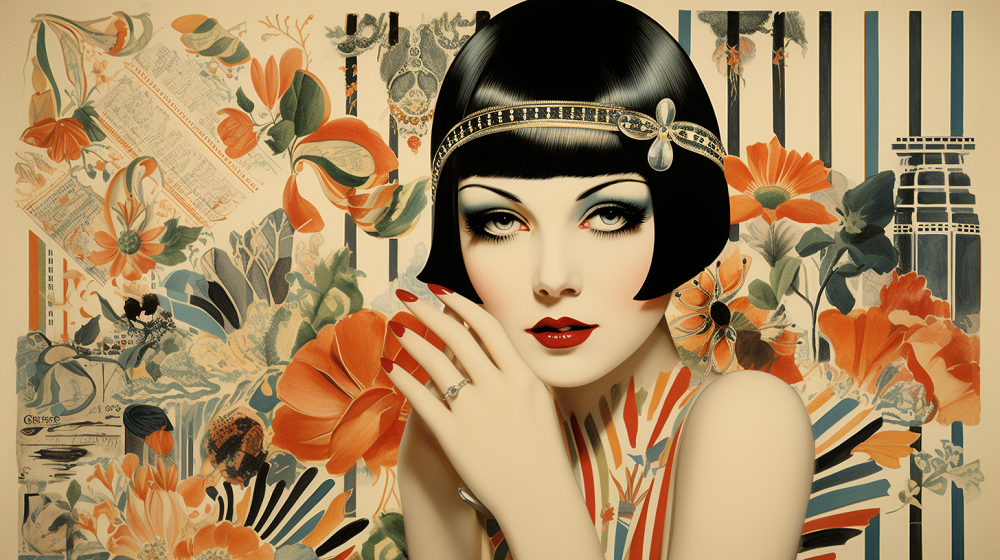 1920s woman showcasing vibrant red nails with refined makeup in a vintage-style photograph.