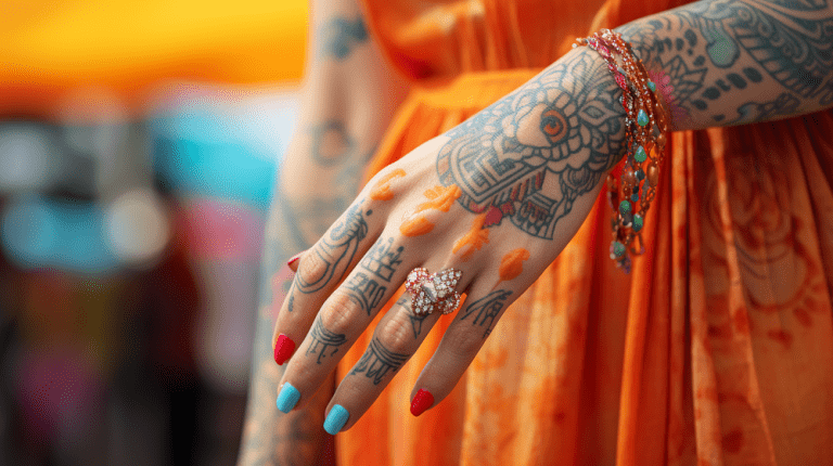 Hand with vibrant nail colors and a detailed tattoo.