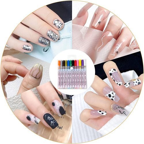 12-color nail art pen set with DIY press-on nails demonstration