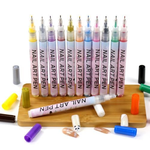 12-color nail art pen set, 0.5mm tip, displayed on a plank