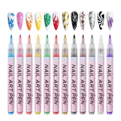 12-color nail art pen set, needle tip 0.7 mm, with nails displayed above showcasing each pen's color.