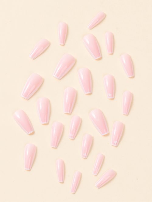 Top-down image showing a 24-piece set of pink square-shaped press-on nails with white French tips.