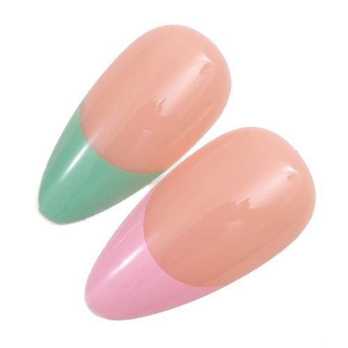 Pair of almond-shaped pop-on nails in nude with pink and green French tips.