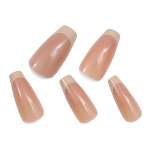 Five coffin-shaped paste-on nails in ombre nude with French tips.