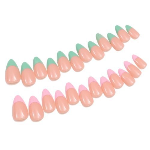 Set of 24 almond-shaped pop-on nails in nude with pink and green French tips.