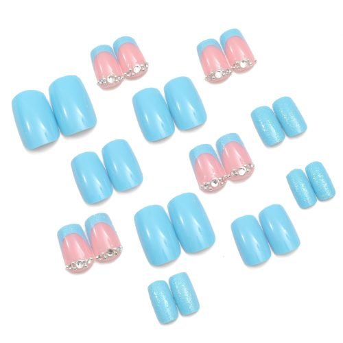 Set of 24 square press-on nails in pale blue and pink with blue French tips and diamond embellishments.