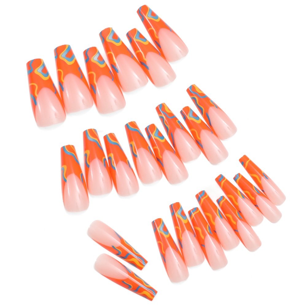 Set of 24 long coffin-shaped stick-on nails in pink with colorful tips.