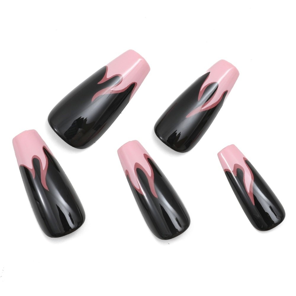 Five coffin press-on nails in black with pink French tips featuring a fire print transition.