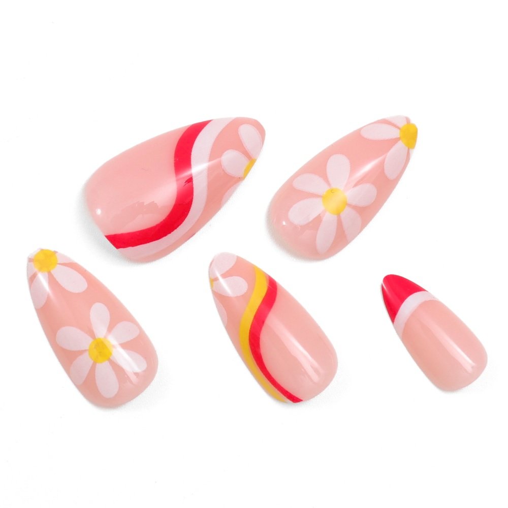 Almond Shape Pink Artificial Nails With Floral Pattern - RAINBOO BEAUTY