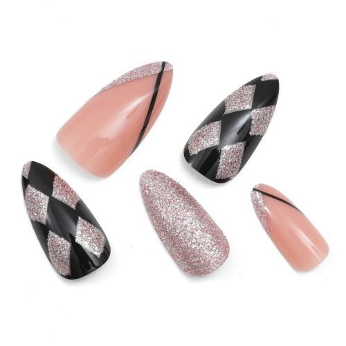 Five almond-shaped press-on nails in pink with chrome and checked motifs.