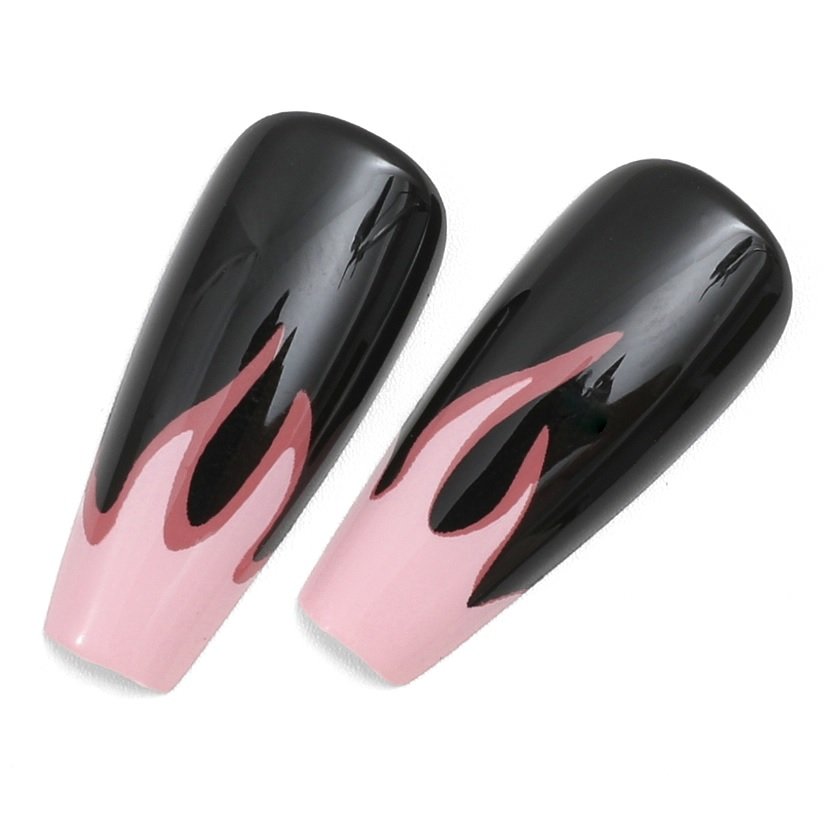 Duo of coffin press-on nails in black, transitioning to a fiery pink French tip design.