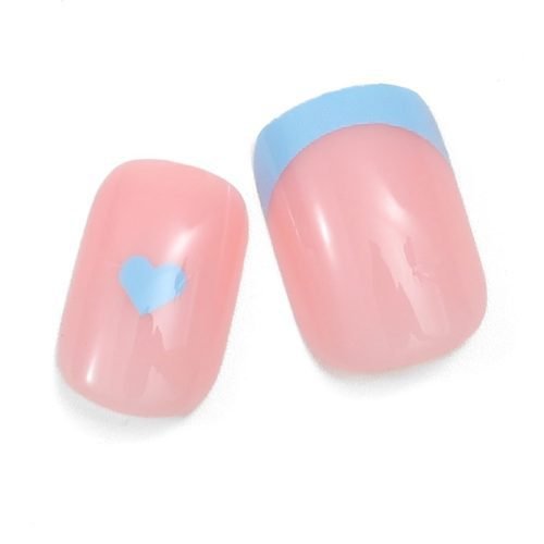 Duo of squoval press-on nails, one in pink with pale blue French tips and the other with a blue heart print on a pink base.