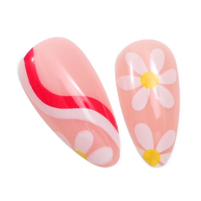 Almond Shape Pink Artificial Nails With Floral Pattern - RAINBOO BEAUTY