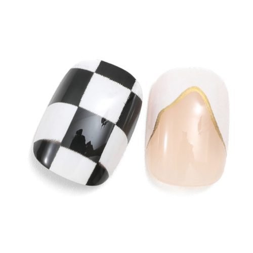 Pair of round short press-on nails with checked print and white French tip.